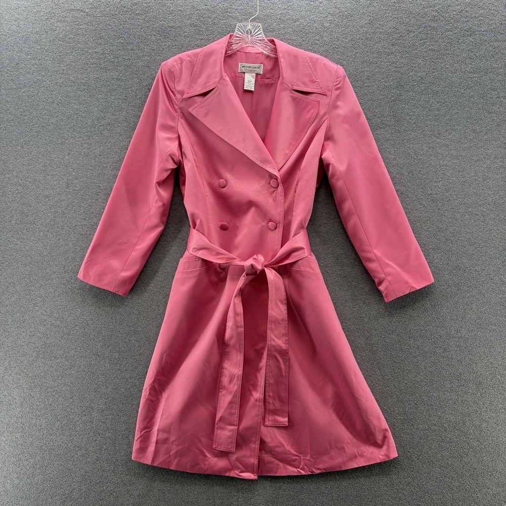 Victor Costa Occasion Trench Coat Womens Small Pink Satin Belted Party Duster